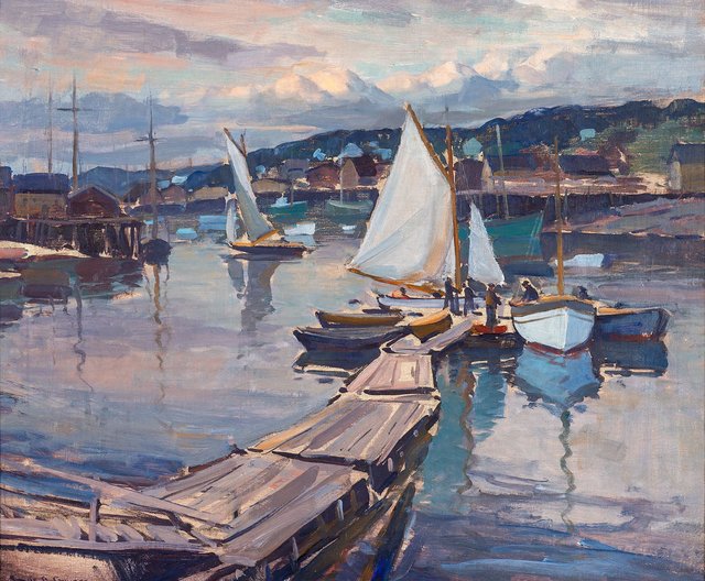 Oil painting of sailboats in a harbor.